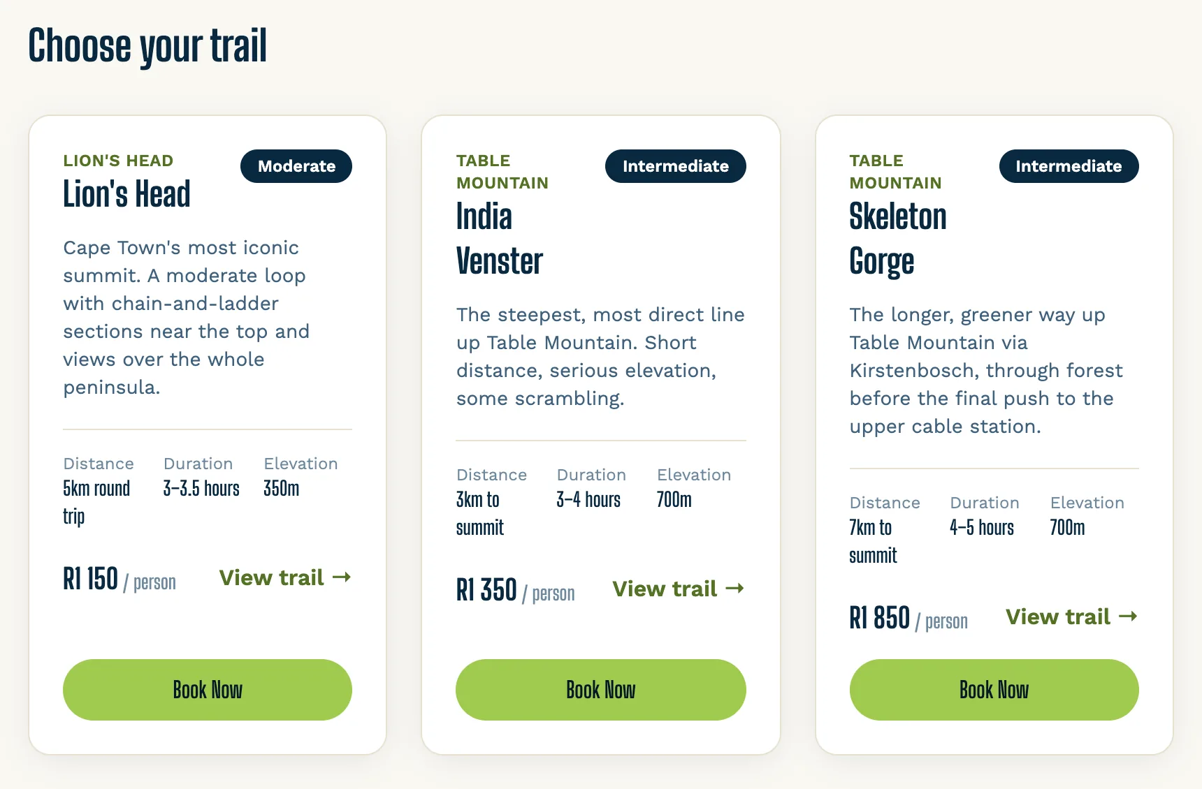 The trails section of the Take a Hike website: three guided hikes with their distance, duration, price and a Book Now button